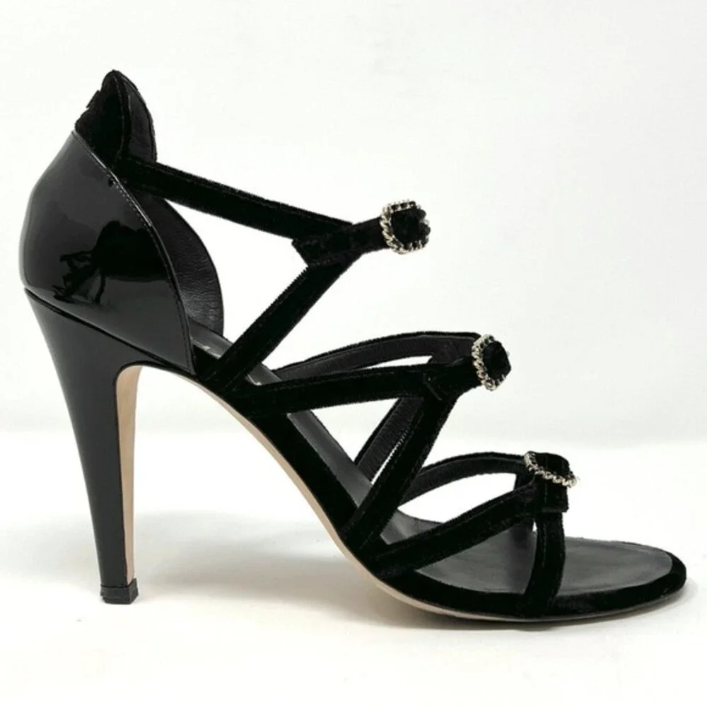 Chanel Black Velvet Patent Leather Strappy‎ Heels CC Logo 37